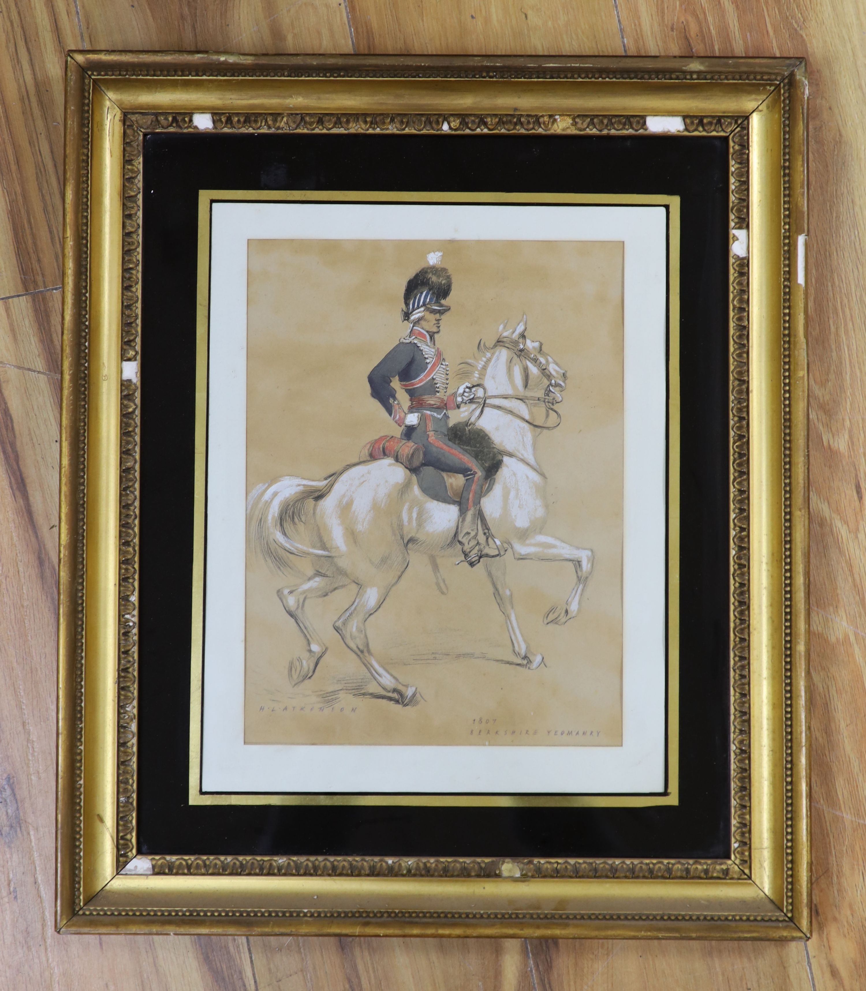 H.L. Atkinson, watercolour, pencil and chalk, 1807 Berkshire Yeomanry, signed, 29 x 22cm